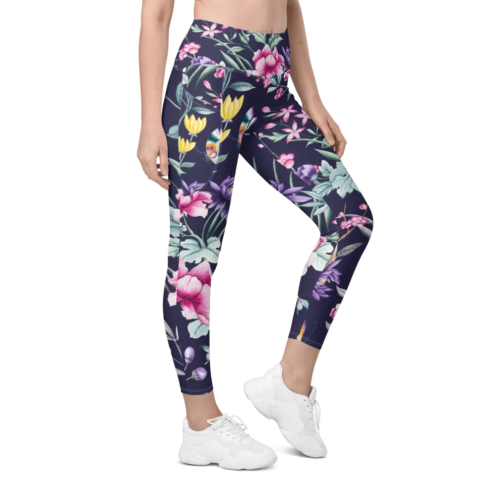 FYD Size Inclusive Leggings with pockets in blue chinoiserie
