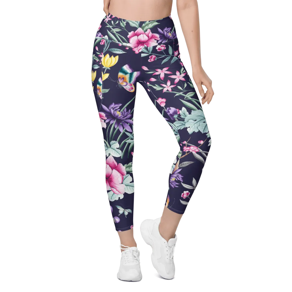 FYD Size Inclusive Leggings with pockets in blue chinoiserie