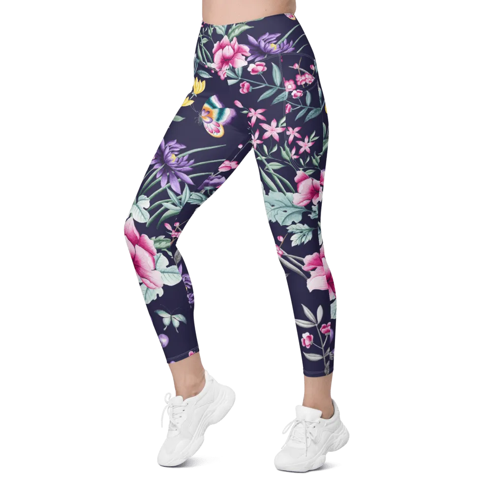 FYD Size Inclusive Leggings with pockets in blue chinoiserie