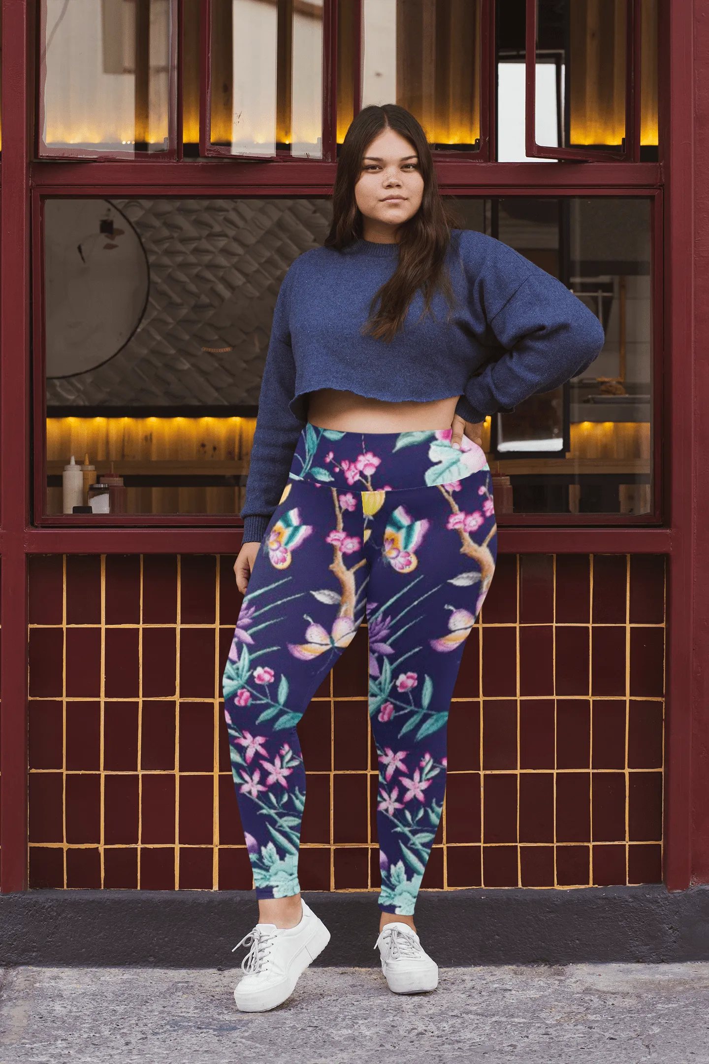 FYD Size Inclusive Leggings with pockets in blue chinoiserie