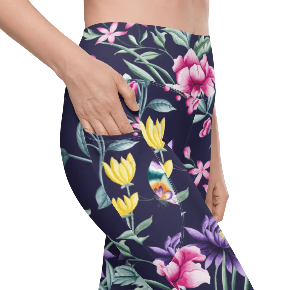 FYD Size Inclusive Leggings with pockets in blue chinoiserie