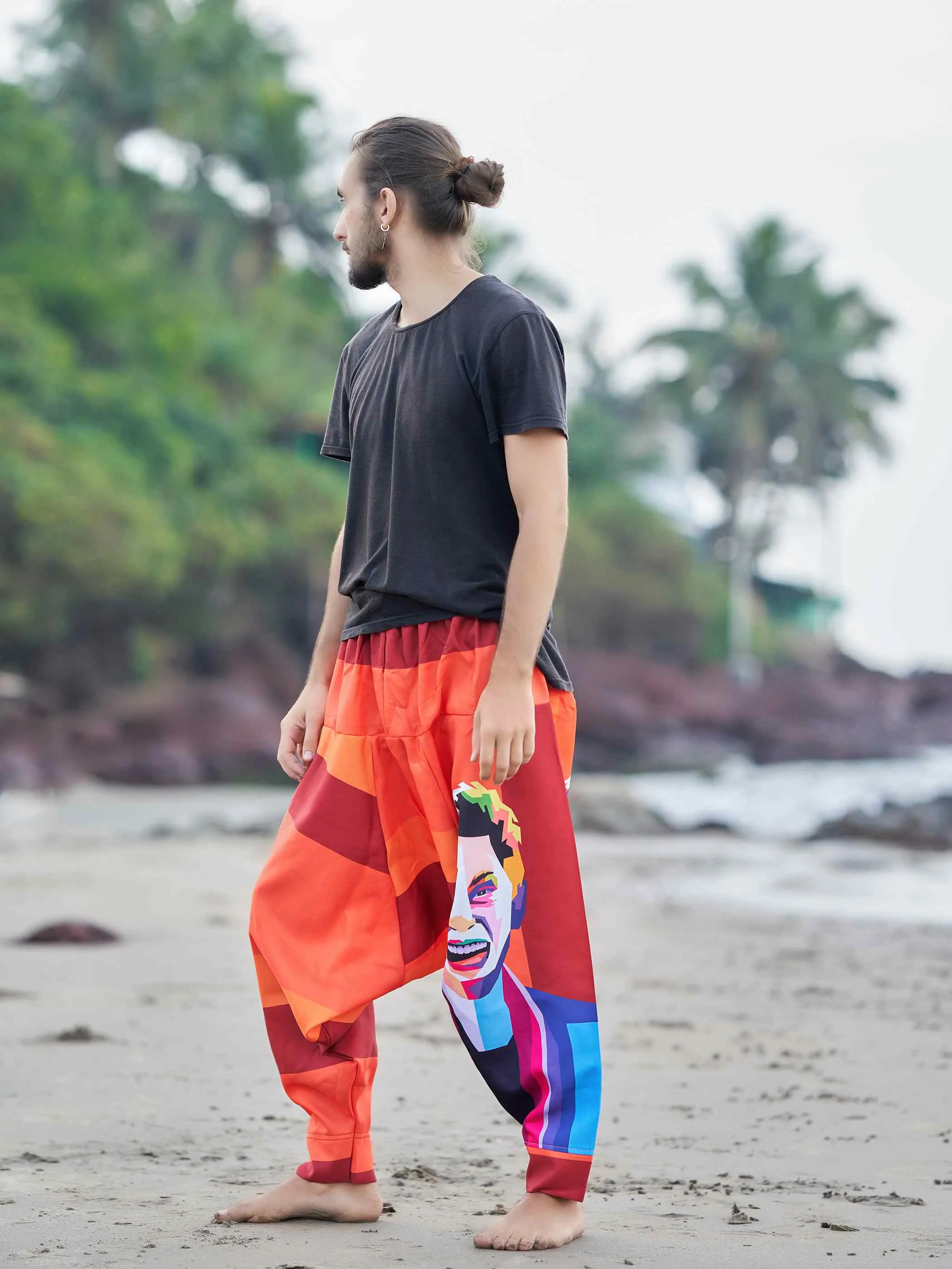 Men's Fierce Smiling Face Print  Bohemian Hippy Harem Pants For Yoga