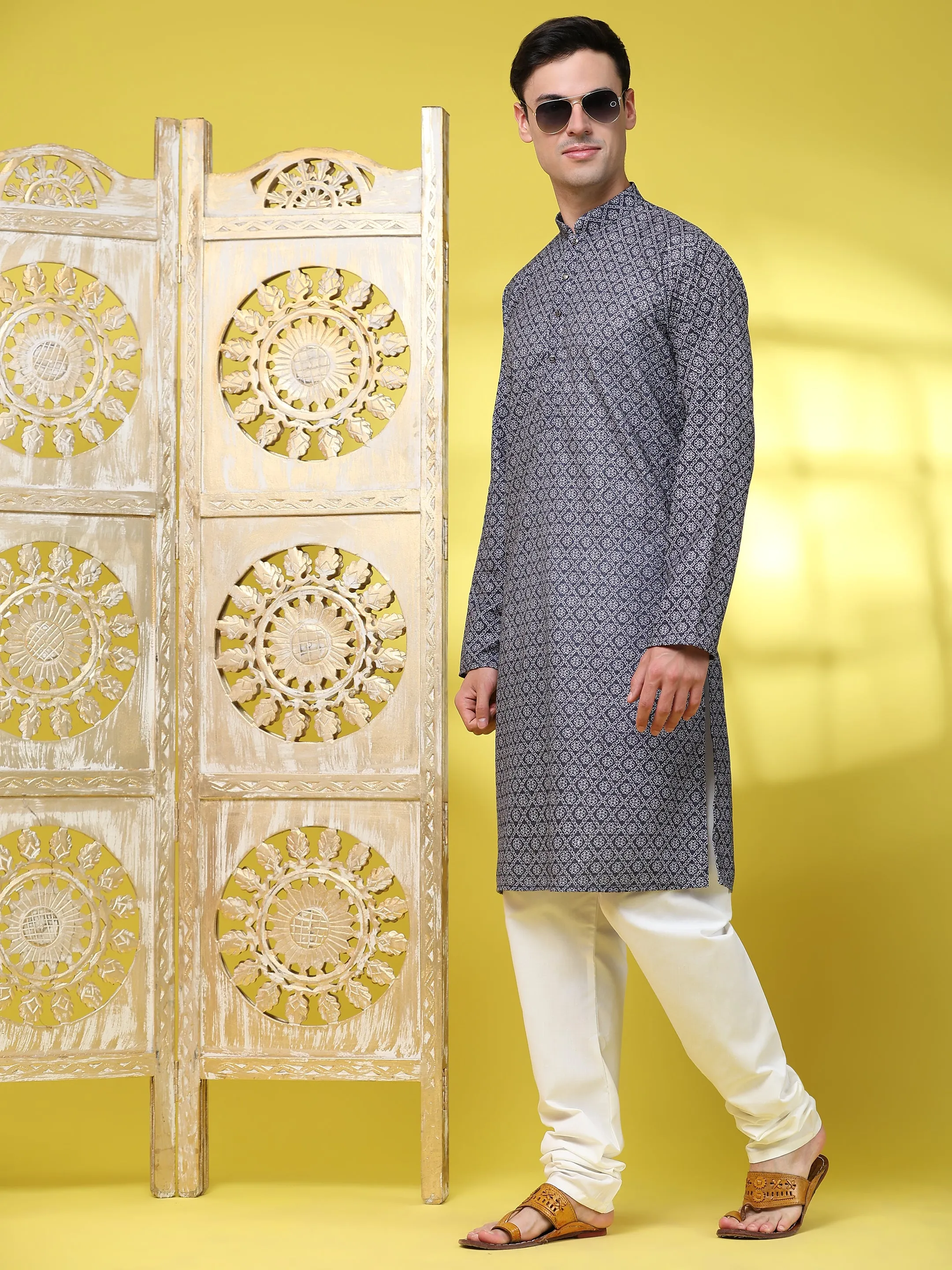 Men’s Sequined Embroidered Kurta Pajama Indian Tunic Set