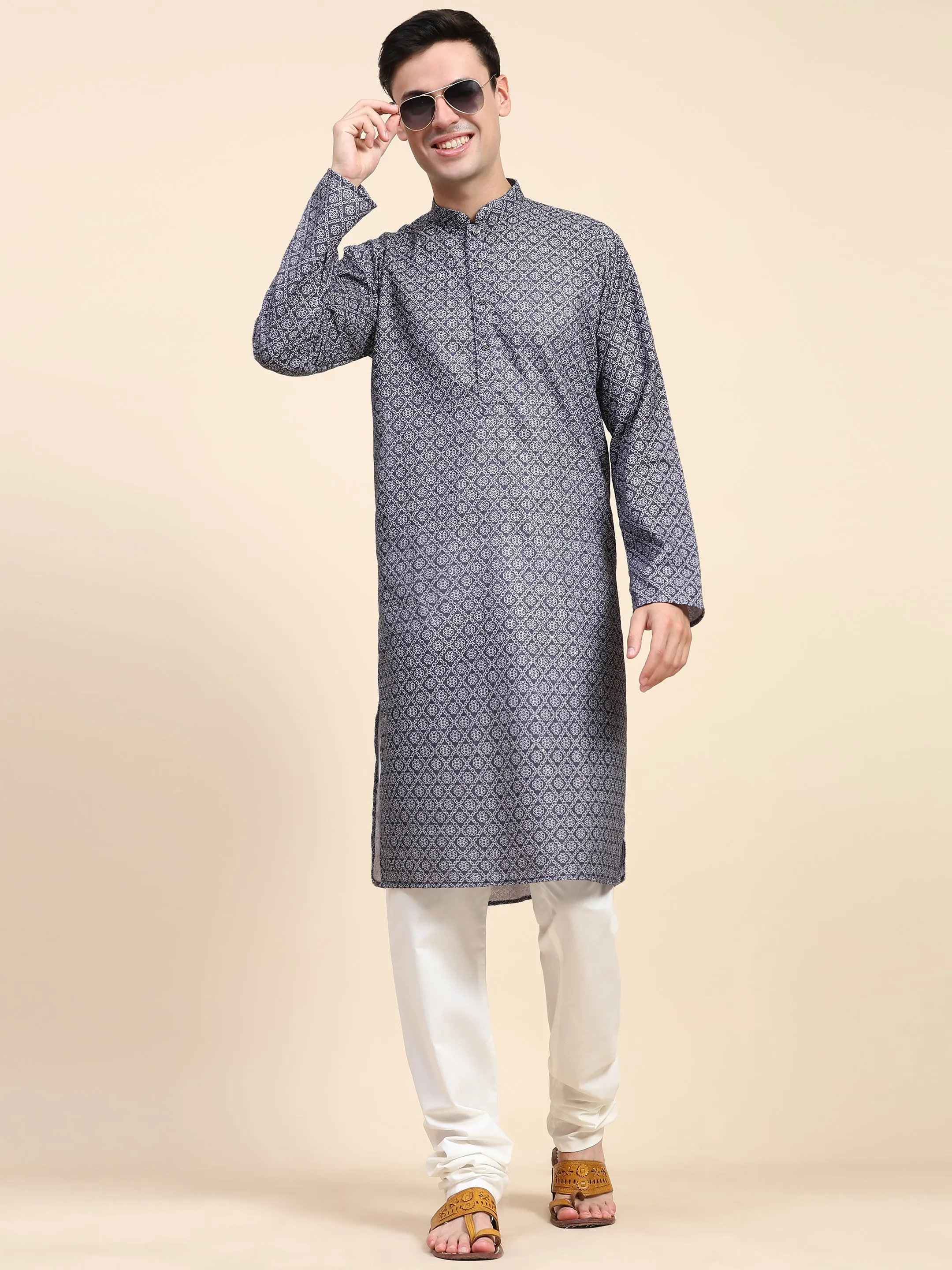 Men’s Sequined Embroidered Kurta Pajama Indian Tunic Set