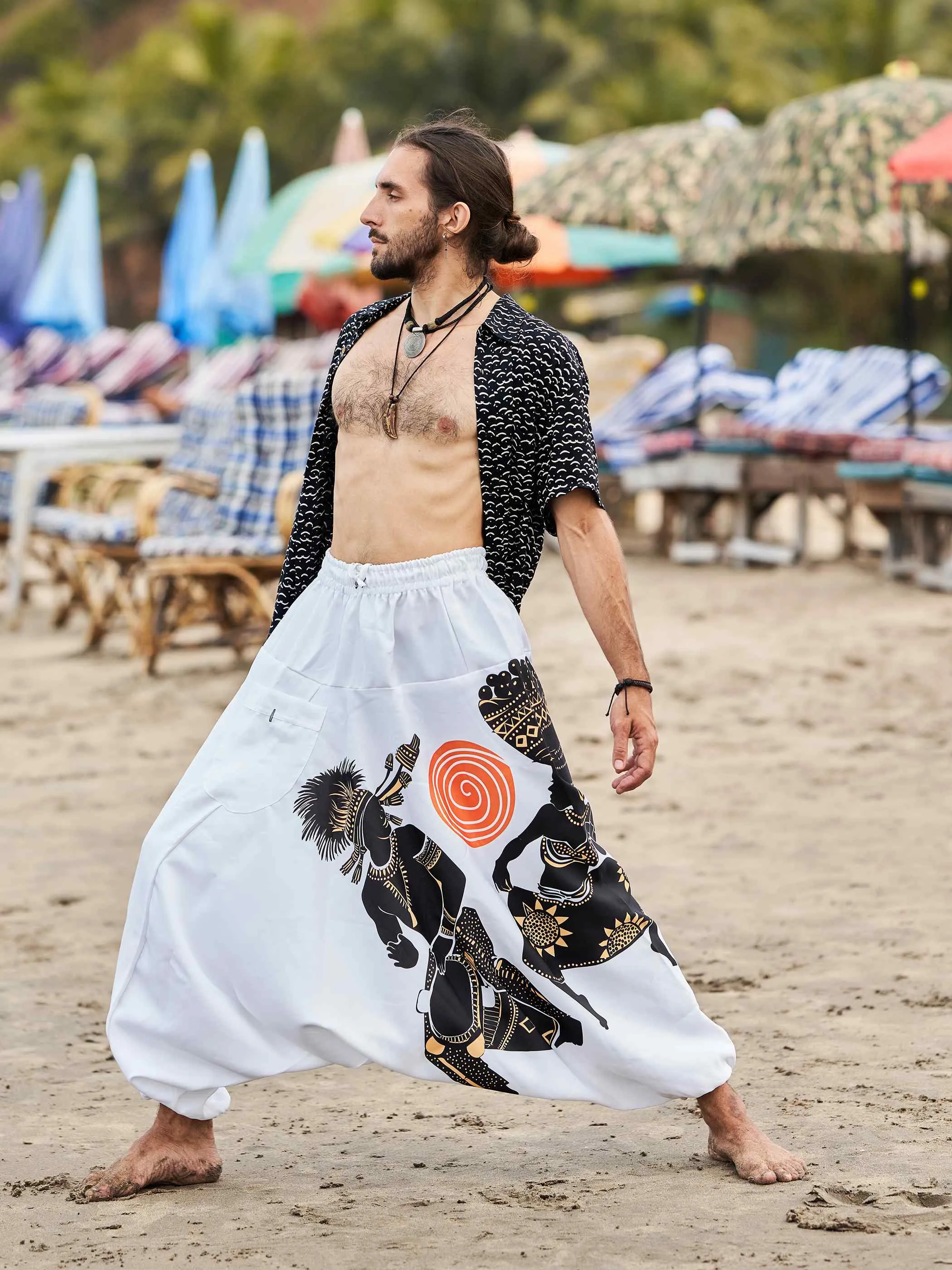 Men's Tribal Playing Drum Print Baggy Balloon Aladdin Harem Pants