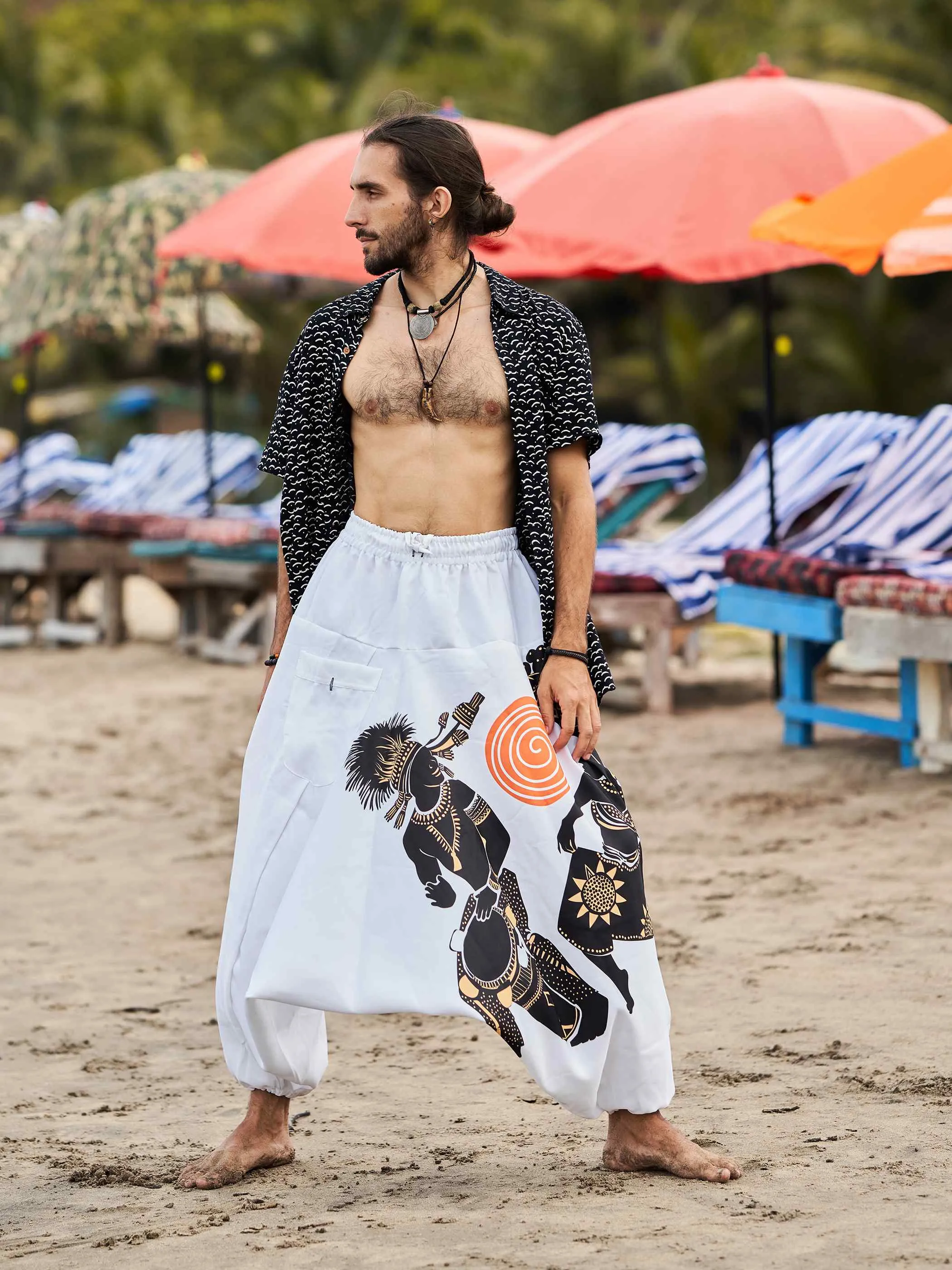 Men's Tribal Playing Drum Print Baggy Balloon Aladdin Harem Pants
