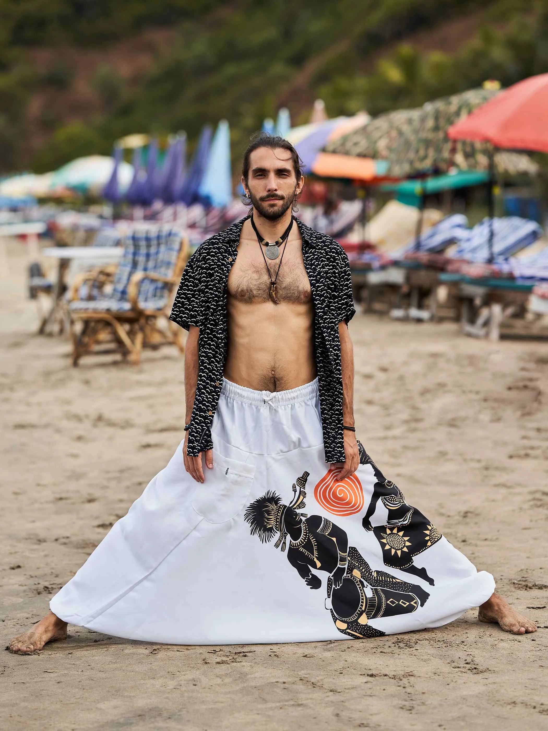 Men's Tribal Playing Drum Print Baggy Balloon Aladdin Harem Pants