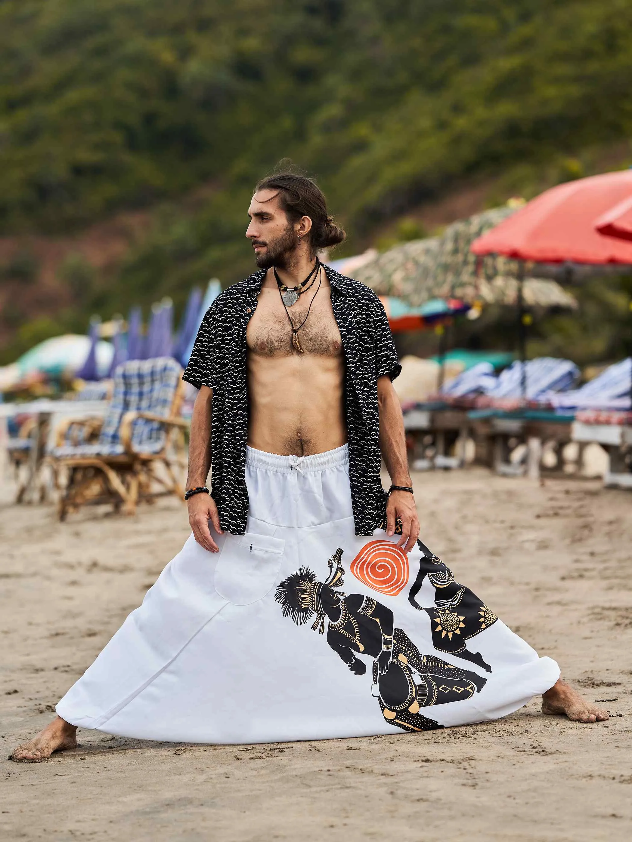 Men's Tribal Playing Drum Print Baggy Balloon Aladdin Harem Pants