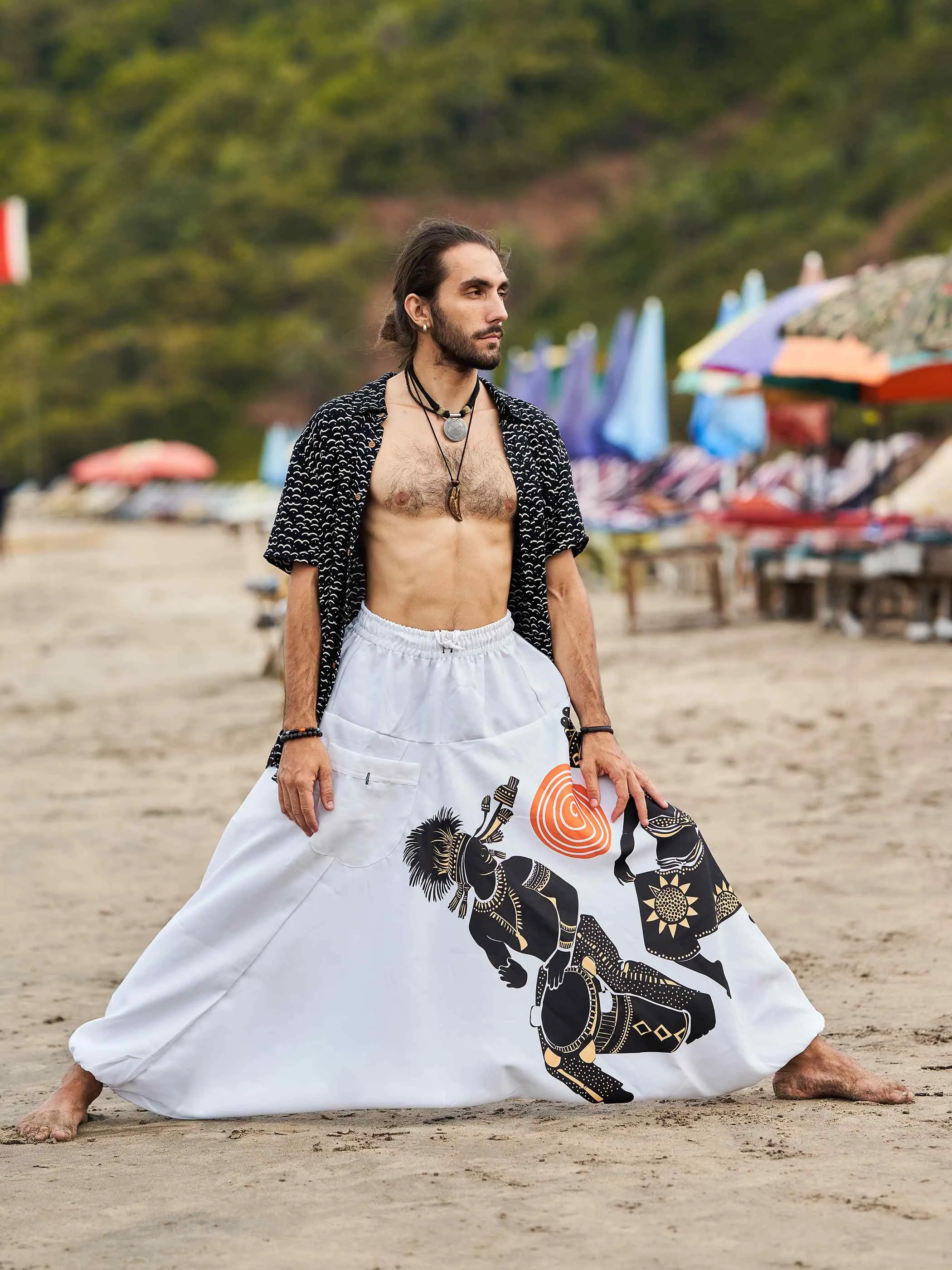 Men's Tribal Playing Drum Print Baggy Balloon Aladdin Harem Pants