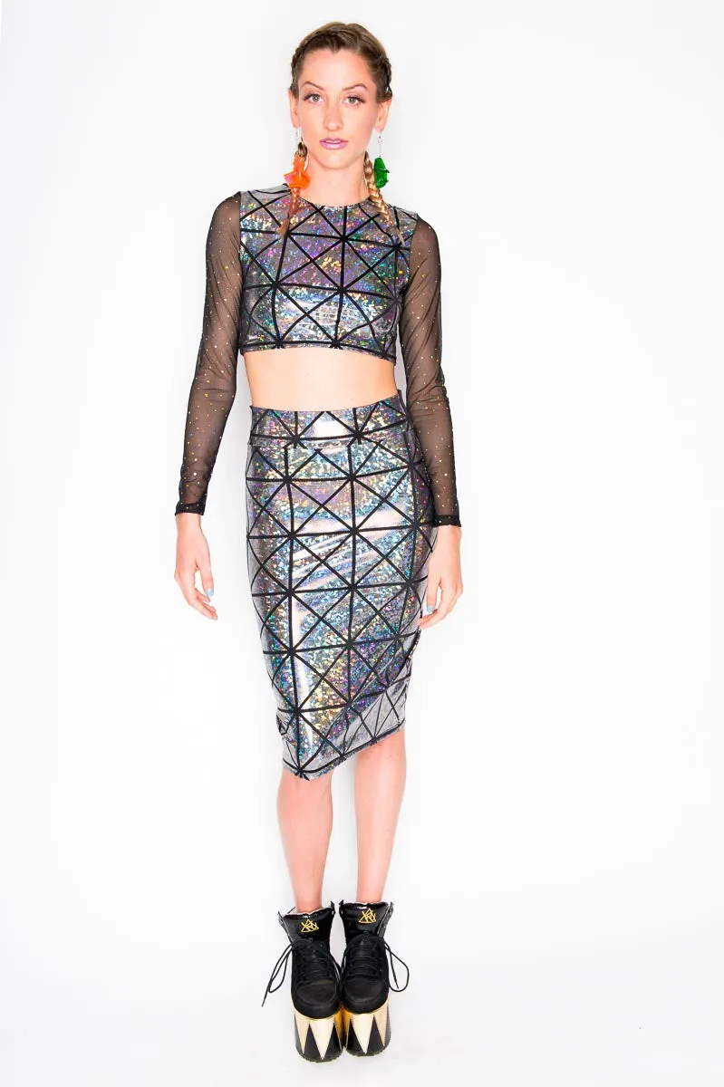 Silver & Black Disco Long Sleeve Crop Top