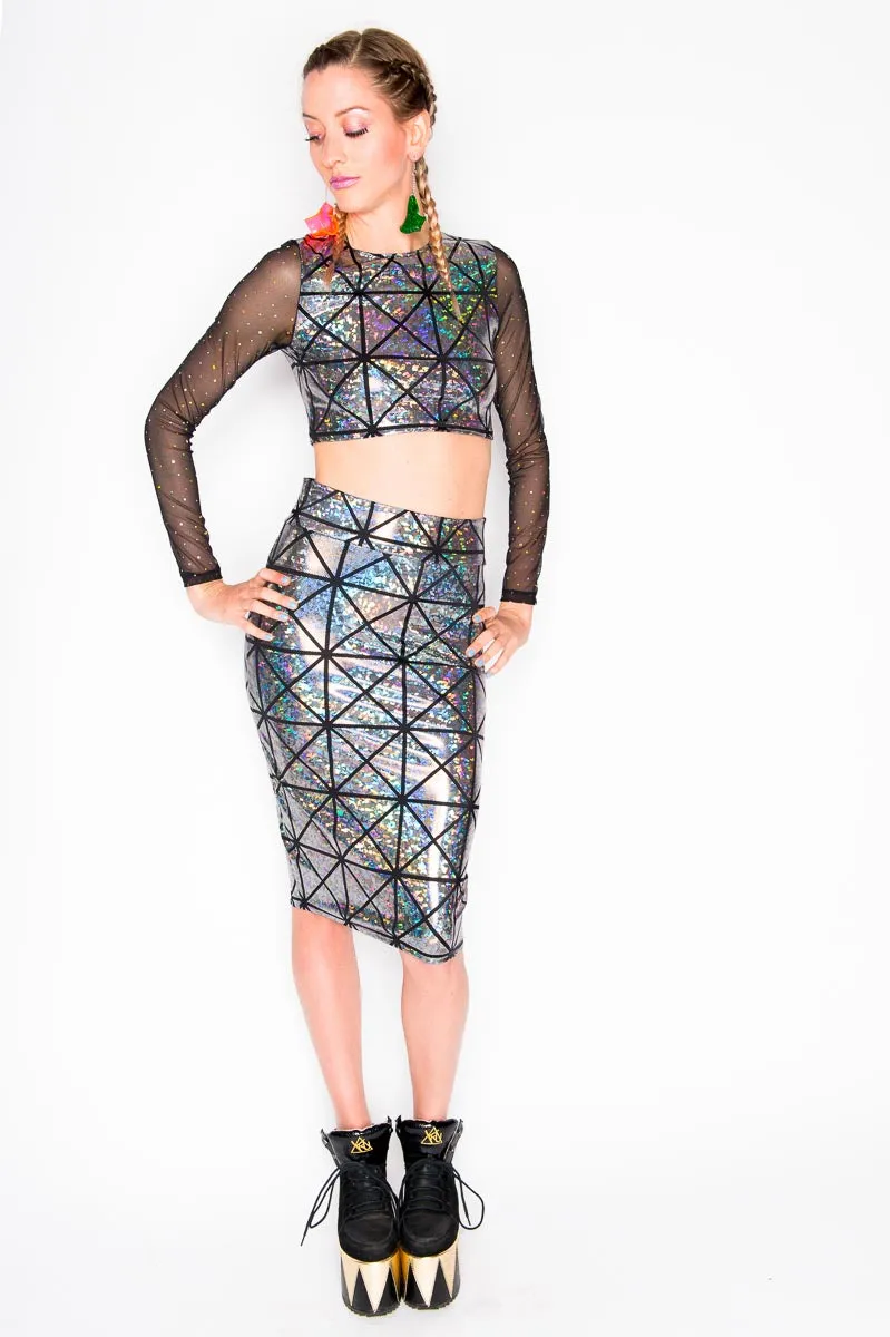 Silver & Black Disco Long Sleeve Crop Top